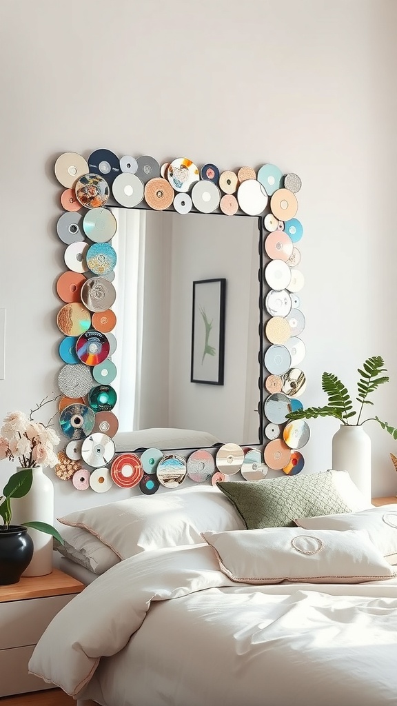 A mirror framed with colorful upcycled CDs, placed above a bed with decorative pillows and plants.