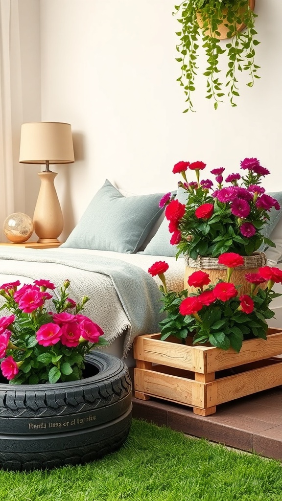 Colorful upcycled garden planters made from a tire and wooden crates, featuring vibrant flowers.