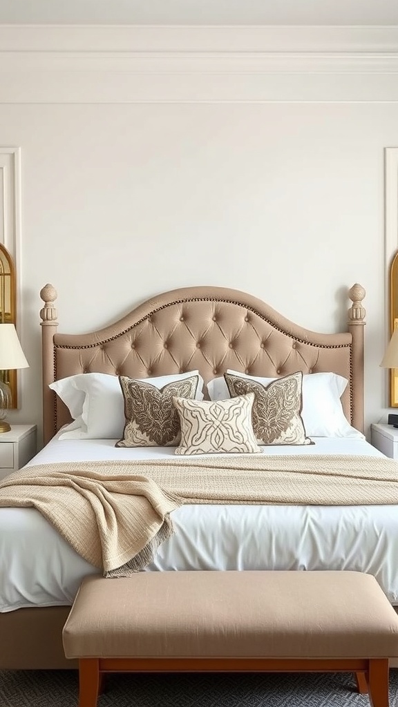 Elegant upholstered headboard with tufted fabric and decorative pillows