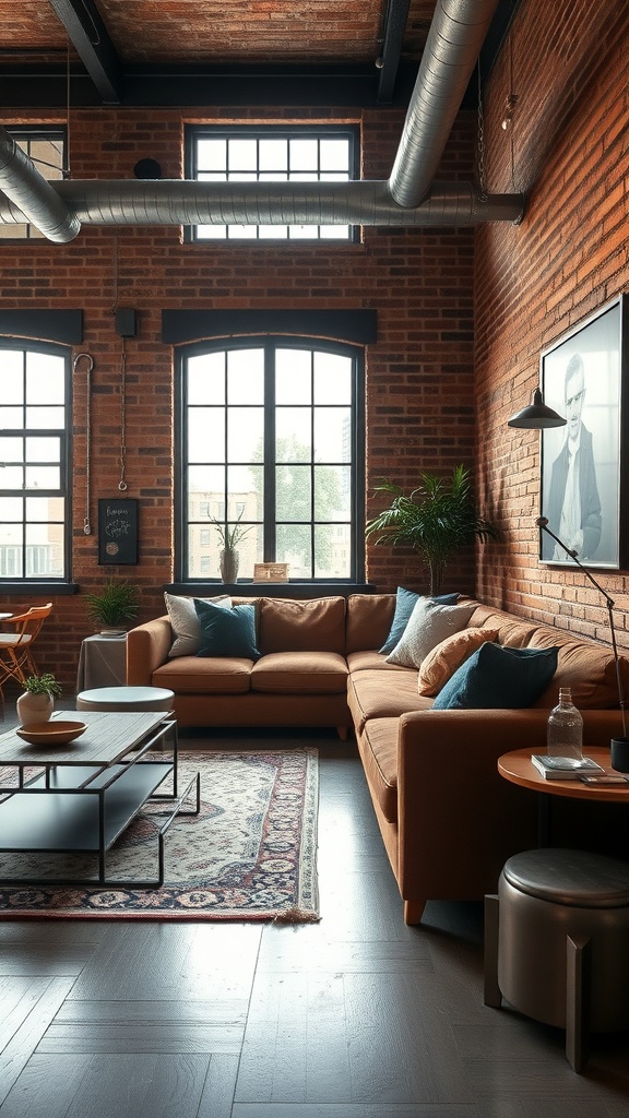 Cozy living room featuring a brown sofa, exposed brick walls, large windows, and modern furniture.