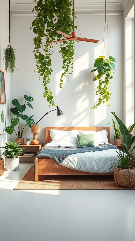 A cozy bedroom with a wooden bed, soft bedding, and various hanging and potted plants, creating a refreshing urban jungle vibe.