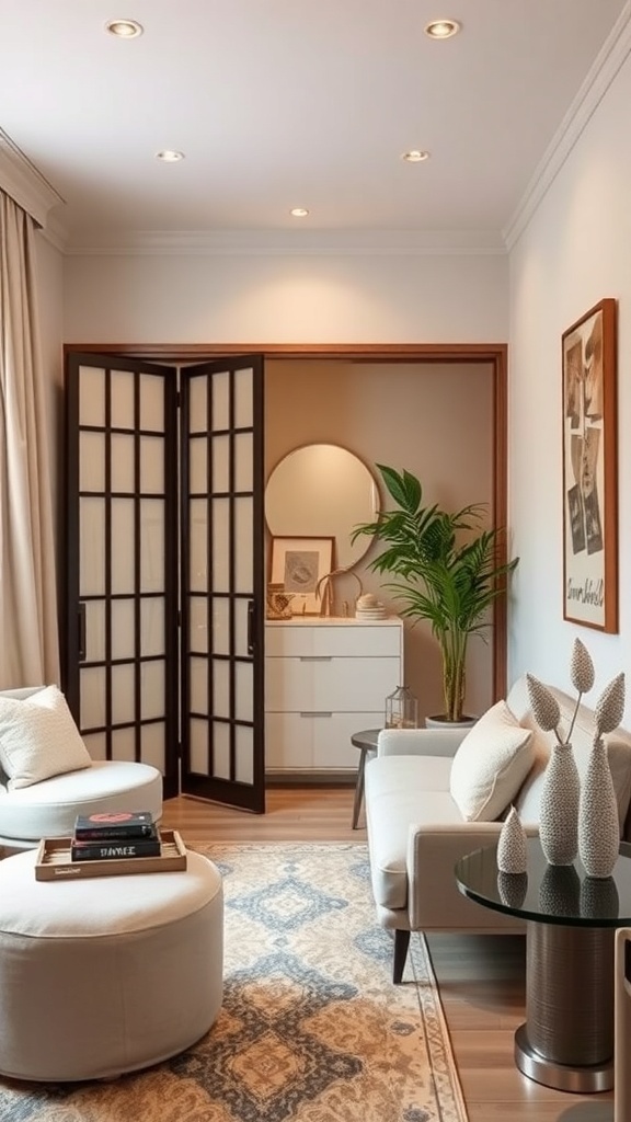A small dressing room featuring a folding screen for privacy, minimalistic furniture, and a plant.