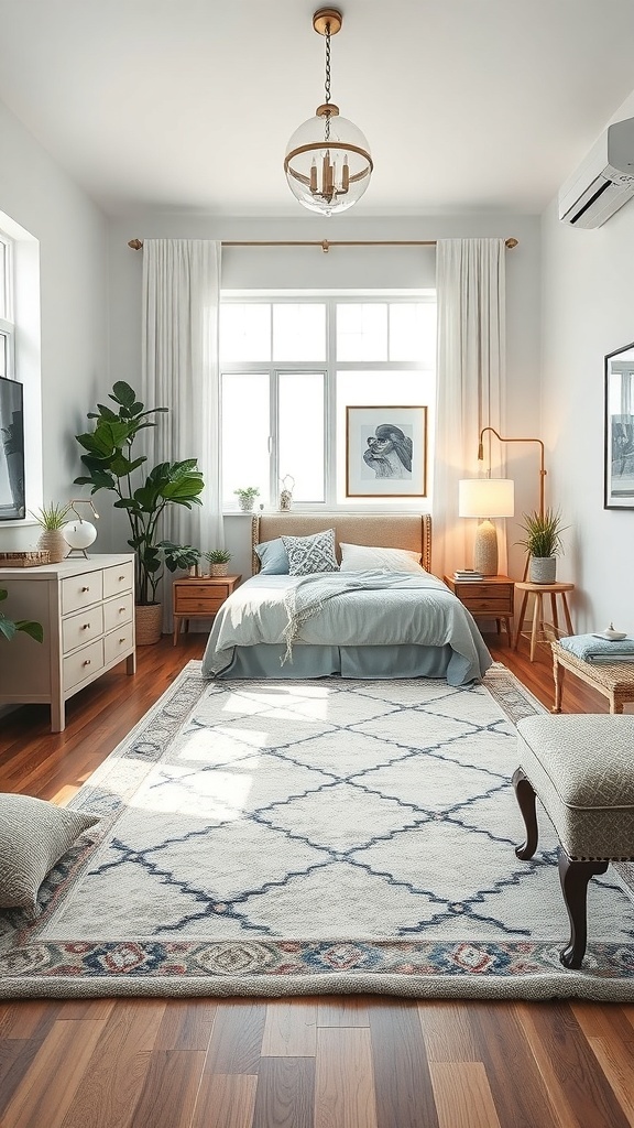 A bright small bedroom with a patterned area rug under the bed, showcasing a cozy setting.