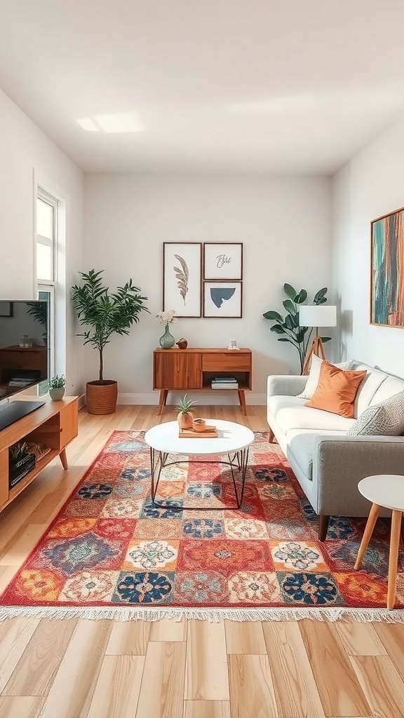 Cozy living room with a vibrant area rug defining a seating space