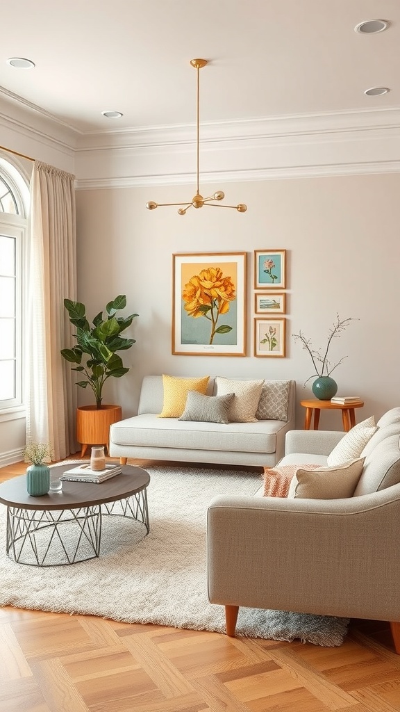 A beige living room featuring a flower artwork, light gray sofas, and a coffee table with decorative items.