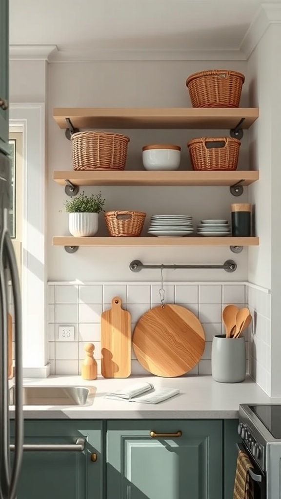 Open kitchen shelving with baskets, plates, and wooden cutting boards