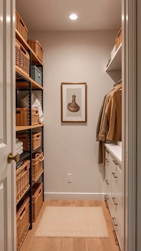 A narrow walk-in closet featuring shelves filled with various baskets and organized storage solutions.