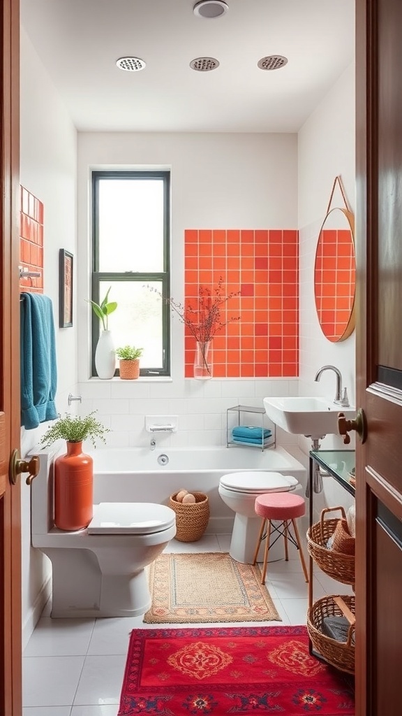 A small, colorful bathroom featuring orange tiles, a stylish pink stool, and decorative plants.