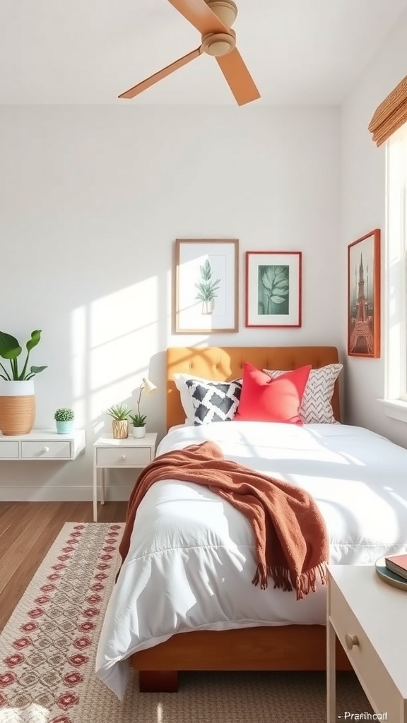 Cozy small bedroom with vibrant accents, including red pillows and a patterned rug.