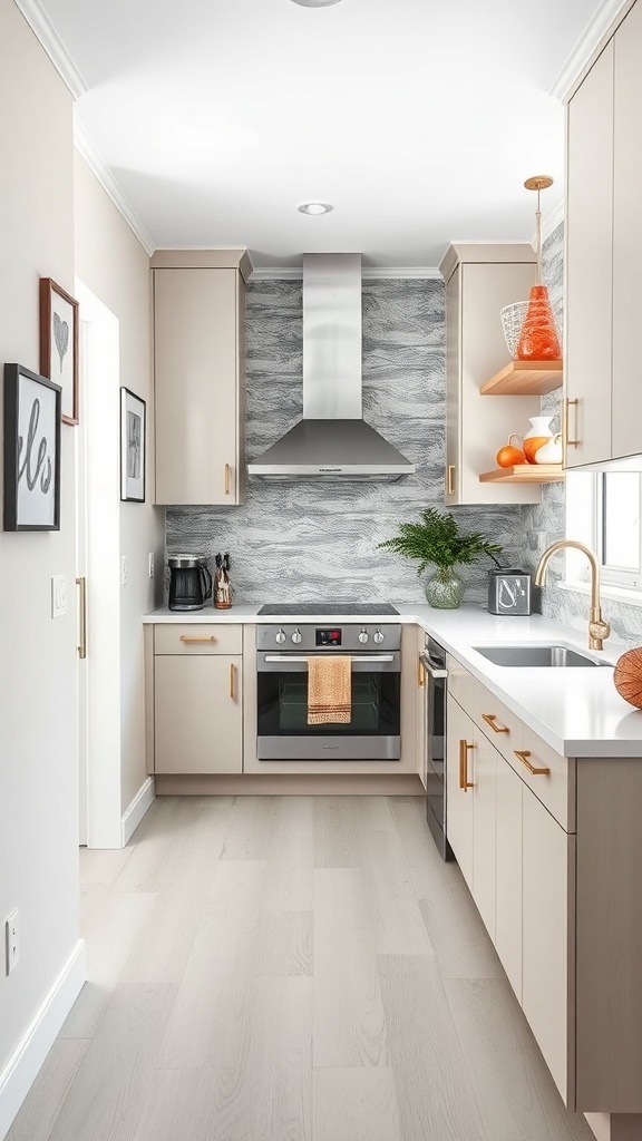 Narrow kitchen with a bold textured backsplash, light cabinetry, and modern appliances.