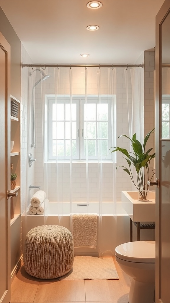 A small bathroom featuring clear shower curtains, a plant, and natural light.