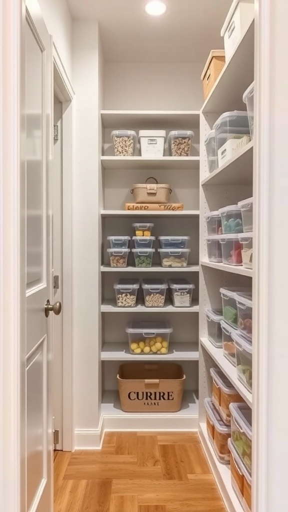 A narrow walk-in closet with white shelves filled with clear storage containers and a decorative basket.