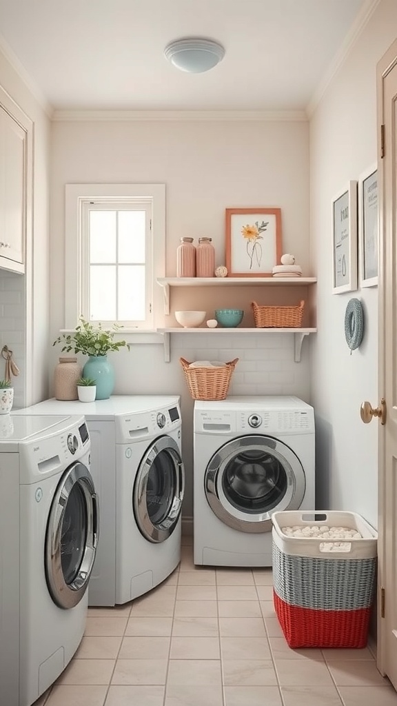 A well-organized small laundry room with light walls, colorful accessories, and efficient appliances.