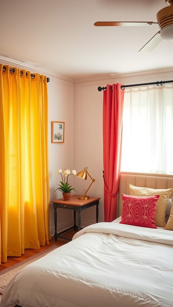 A cozy bedroom featuring vibrant yellow and soft red curtains, showcasing the use of color in decor.