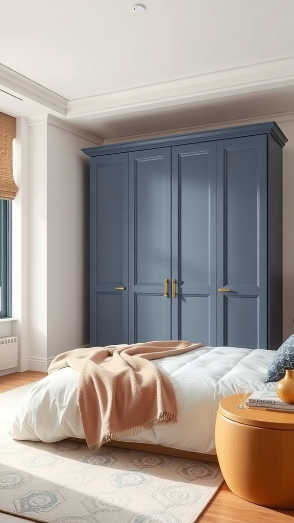 A fitted wardrobe in deep blue color with gold handles, set in a cozy bedroom with light walls and wooden flooring.
