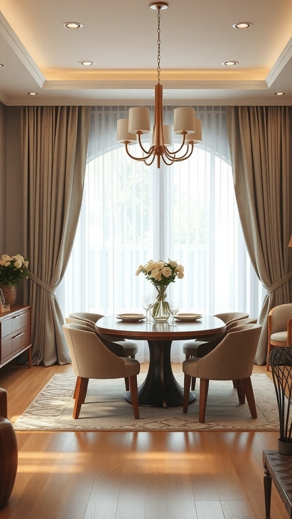 A cozy dining area with curtains acting as a partition, featuring a round table and elegant decor.