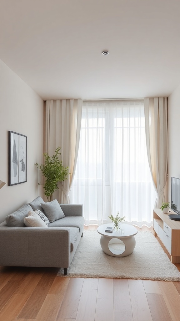 A cozy living room featuring soft sheer curtains, a gray sofa, and indoor plants, creating a private yet airy atmosphere.