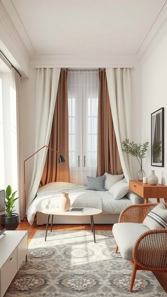 Cozy tiny bedroom with curtains defining the bed area, featuring earthy tones and natural light.
