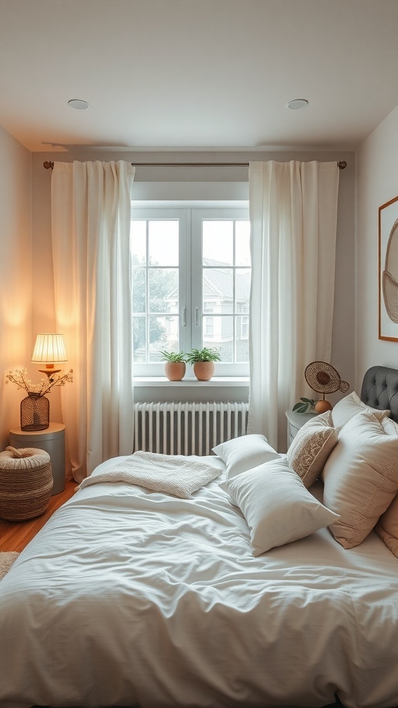 A cozy tiny bedroom featuring soft white curtains, a well-made bed with plush pillows, and a warm lamp.