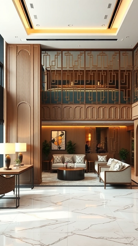 A stylish lobby area featuring decorative wooden partitions, modern furniture, and elegant lighting.