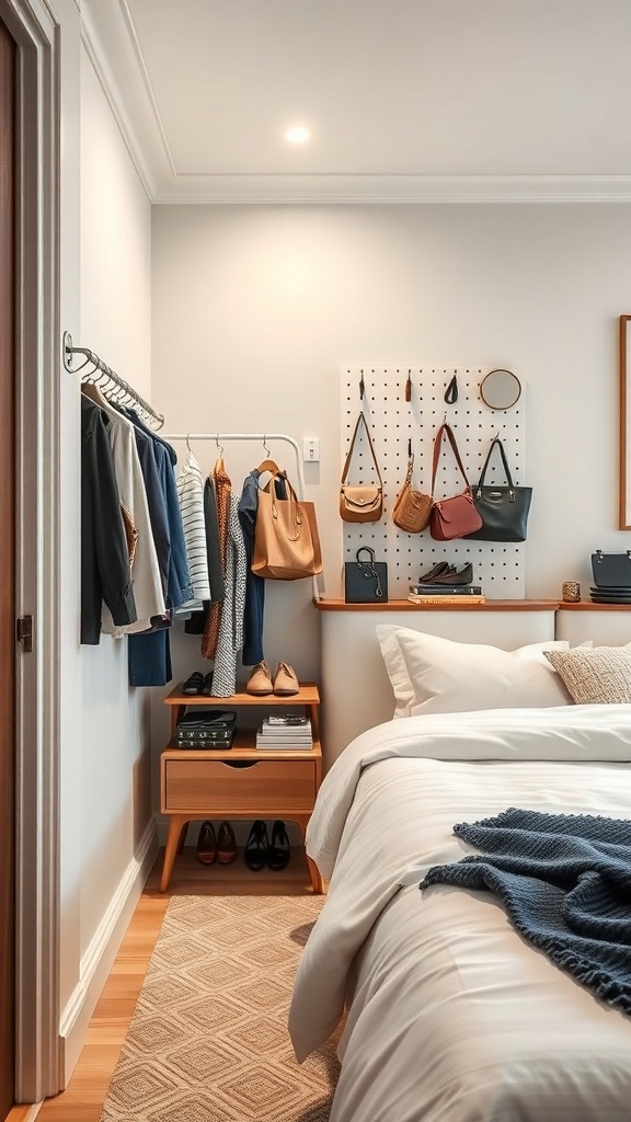 A small walk-in closet featuring a pegboard with bags hanging and clothes on a rack.