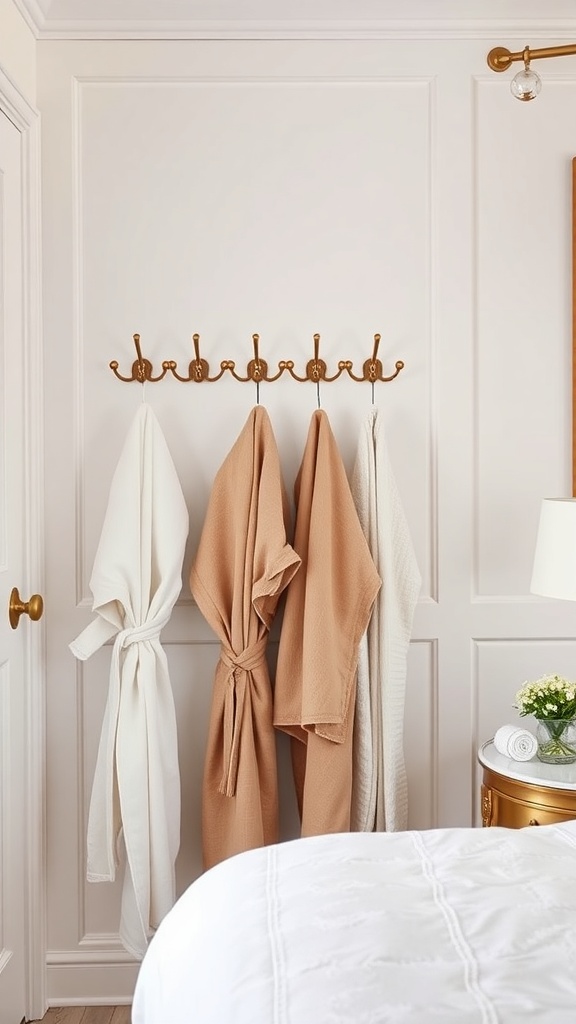 A wall with a row of hooks holding four different colored robes, showcasing a neat and organized bathroom space.