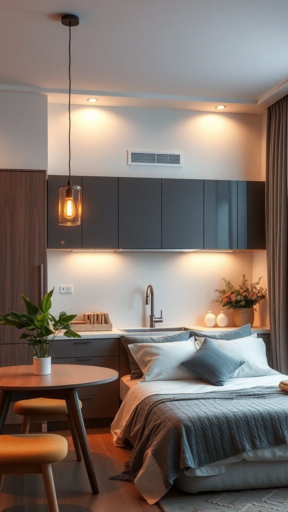 A modern apartment kitchen with warm lighting, featuring a pendant light, recessed lights, and a cozy dining area.