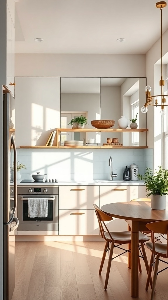 A modern small kitchen with mirrored cabinetry and light wood floors.