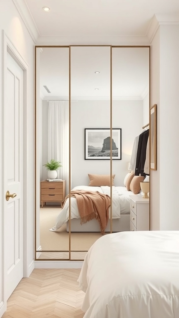 A small walk-in closet with mirrored doors reflecting a cozy bedroom.