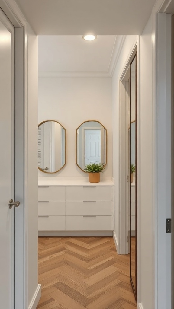 A narrow walk-in closet with wall-mounted mirrors and a wooden flooring design.