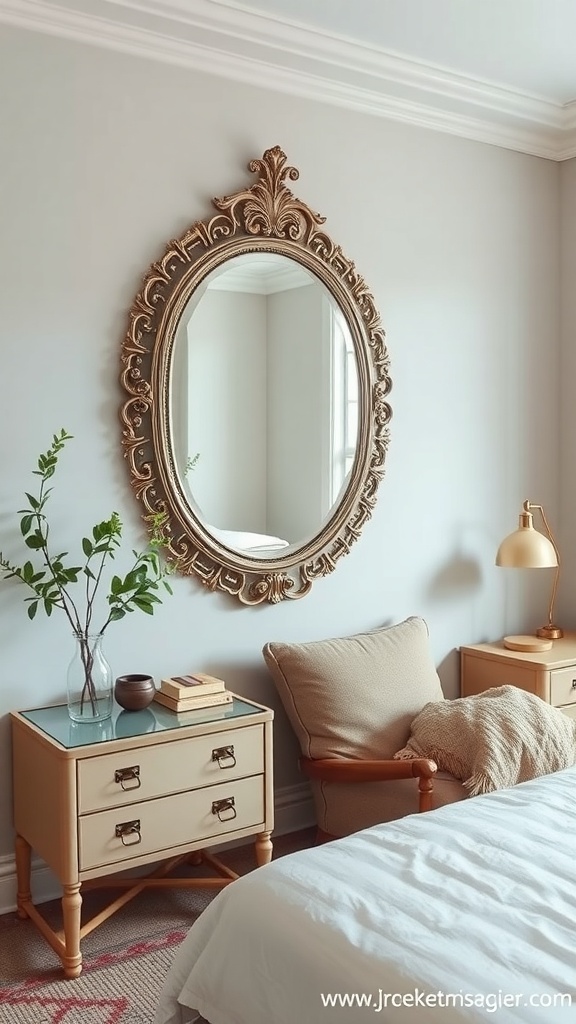 A small guest bedroom featuring an ornate mirror above a bed, with a cozy chair and nightstand.