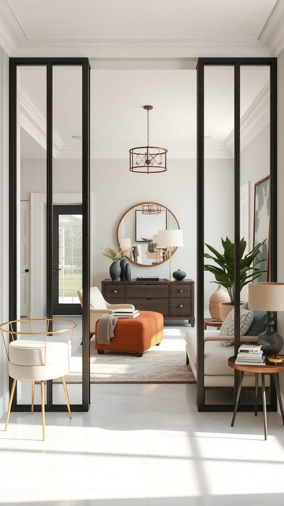 Stylish entryway featuring black-framed mirrors, light furnishings, and decorative elements.
