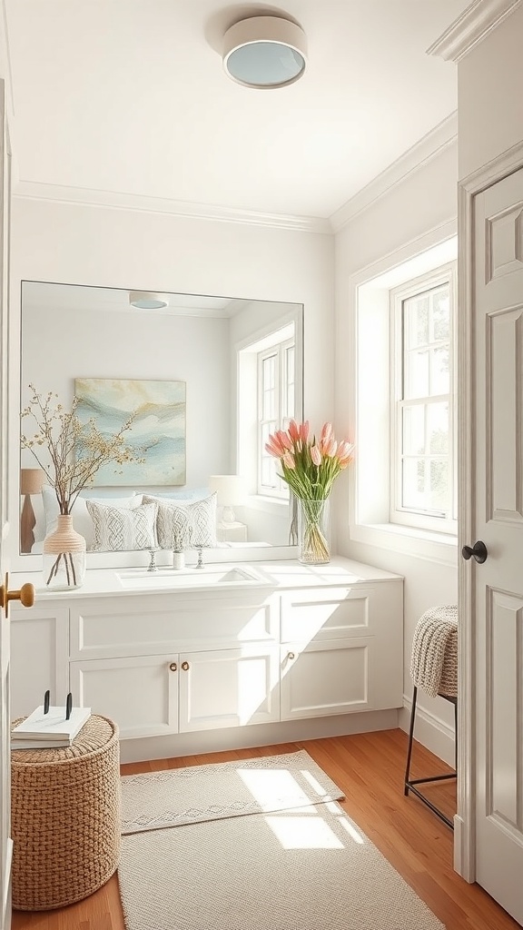 A bright and airy mudroom featuring a large mirror, white cabinetry, and natural light from windows.