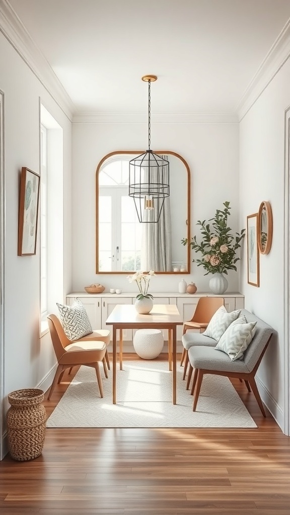 A bright breakfast nook with a reflective mirror enhancing the space.