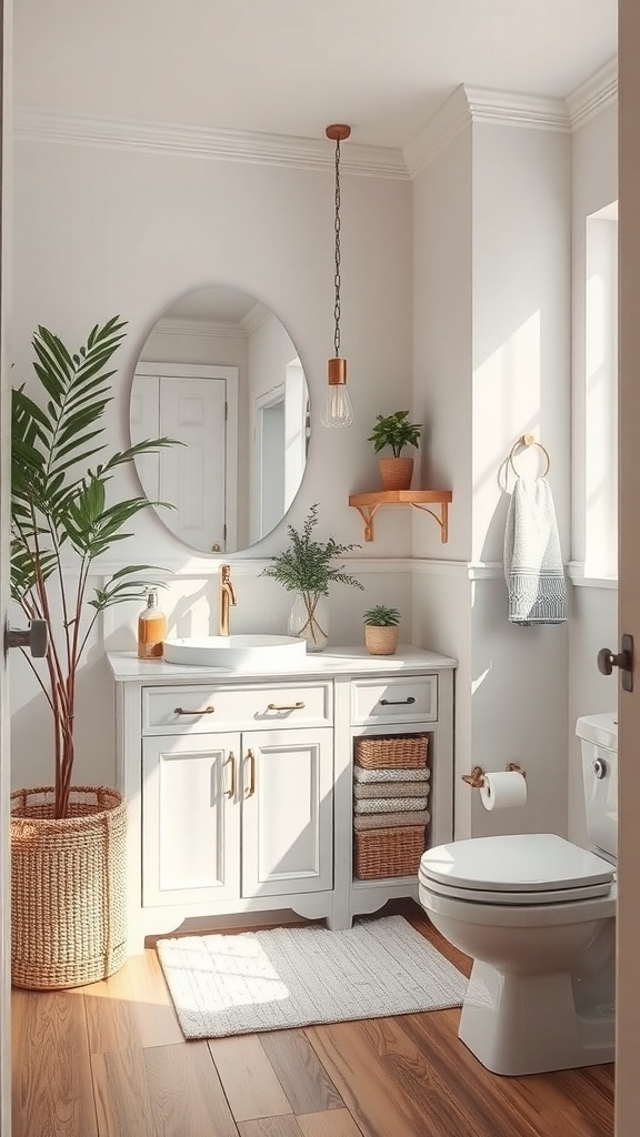 A small, well-designed bathroom featuring a multi-functional vanity, simple decor, and plants.