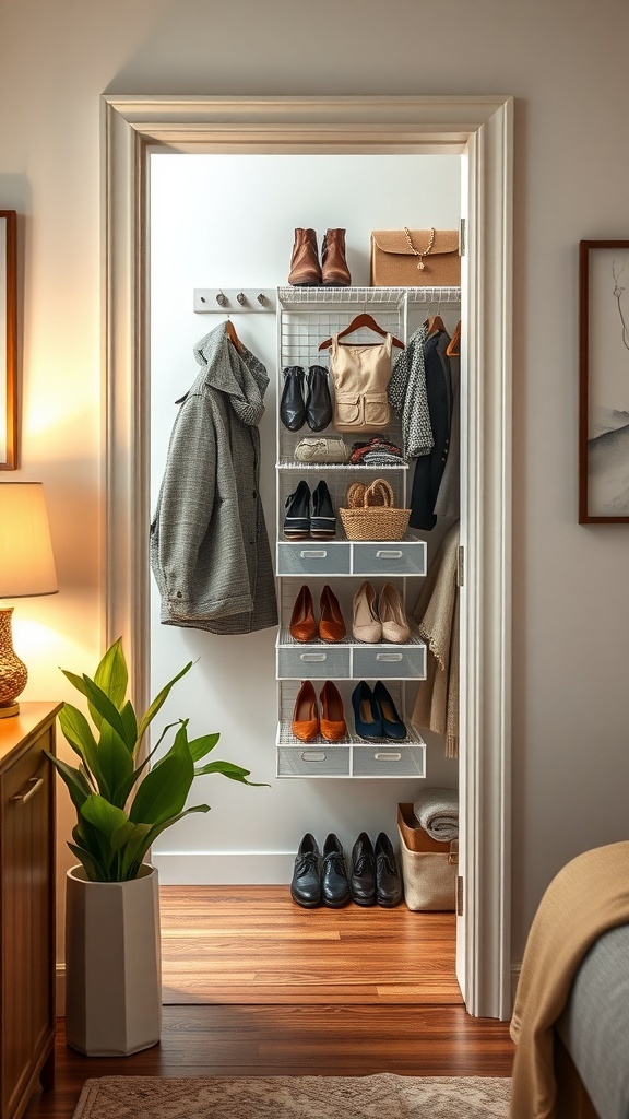 An organized tiny closet with an over-the-door shoe organizer, displaying shoes, bags, and outerwear.