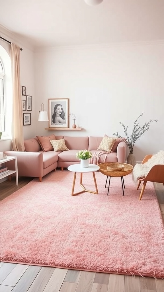 A cozy living room featuring a soft pink rug, light pink sofa, and stylish decor.