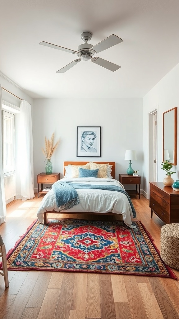 A decorated tiny bedroom featuring a colorful patterned rug underneath the bed.