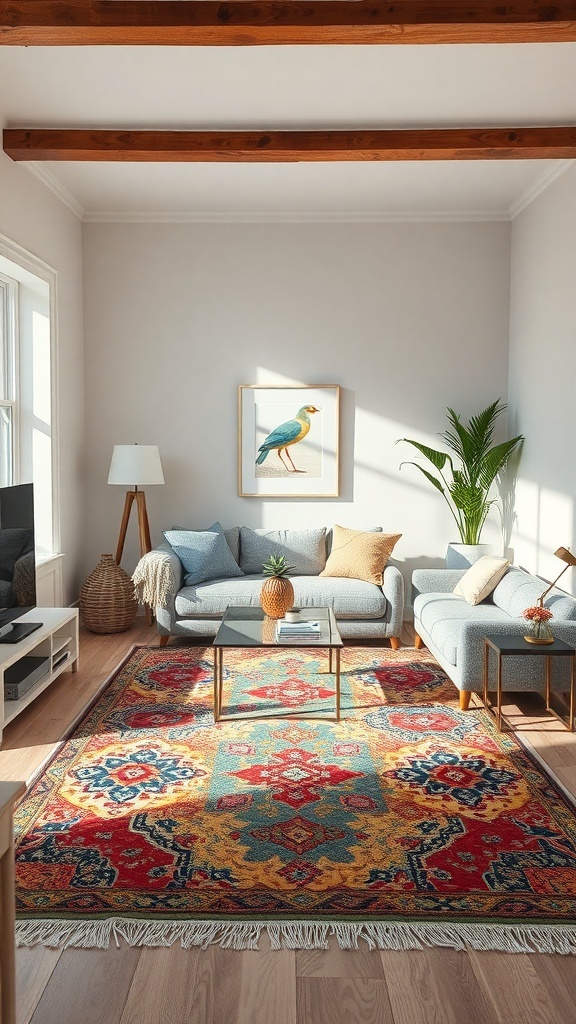 A cozy living room with a colorful rug, two sofas, a coffee table, and bright natural light.