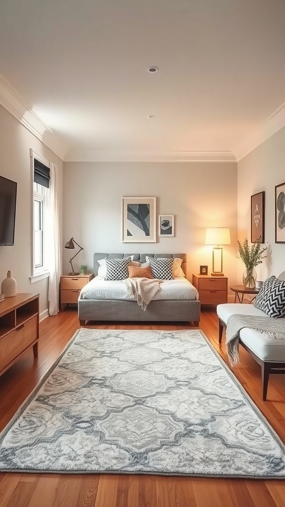 A cozy bedroom featuring a large area rug under the bed, with modern decor and warm lighting.