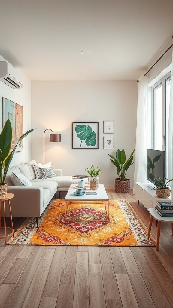 A cozy living room featuring a bright yellow rug, white couch, and plants, effectively defining the seating area.