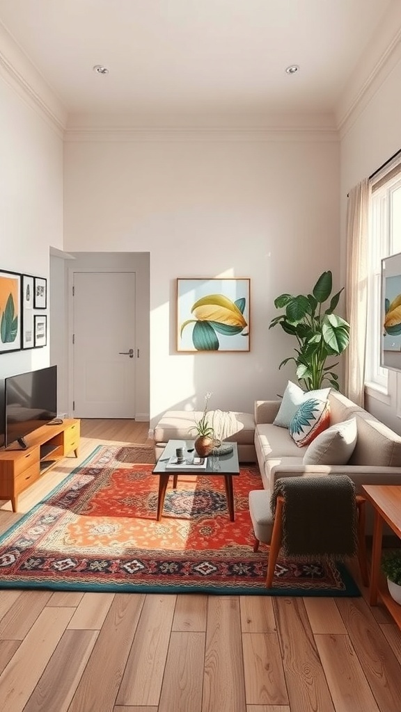 Cozy living room with a vibrant rug, showcasing a seating area with a sofa and tables.