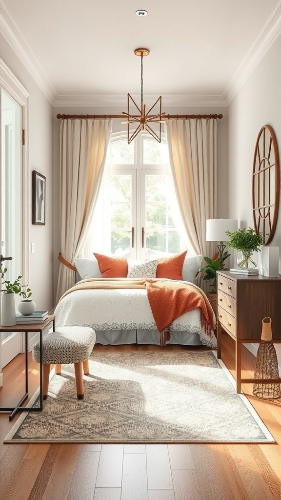 A cozy entryway featuring a soft rug, a small table, and a stool, creating an inviting atmosphere.