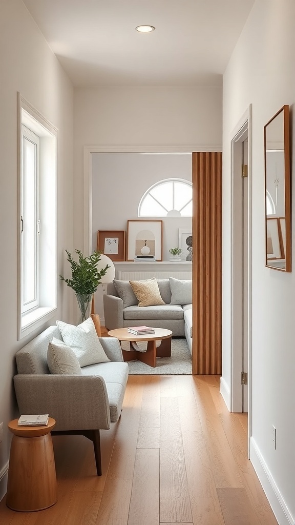 A tiny hallway with a sliding door leading to a cozy living area