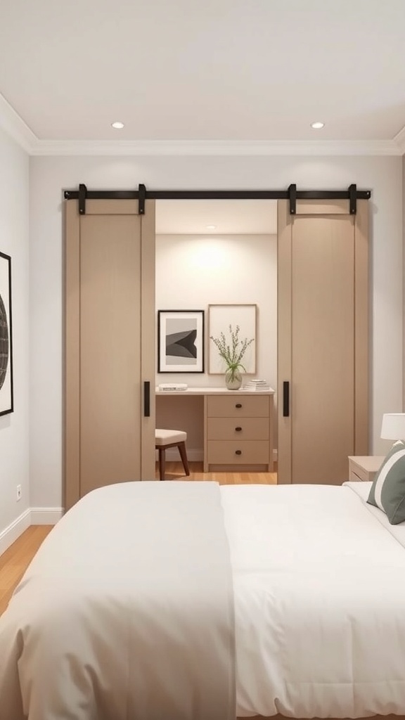 A small walk-in closet with sliding doors, showcasing a modern design.