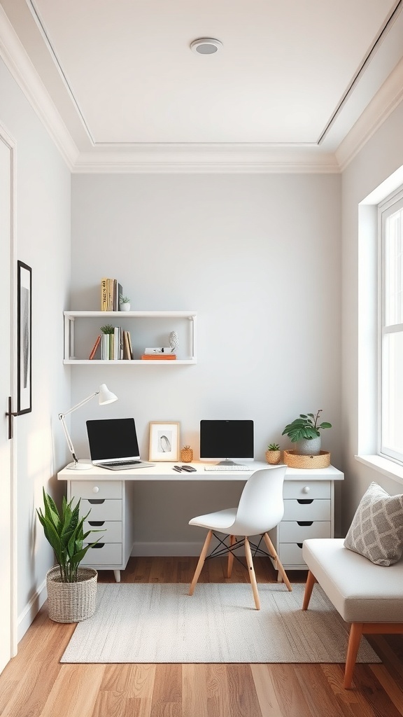 A small, well-decorated study room with a desk, two laptops, a chair, and plants, featuring smart lighting options.