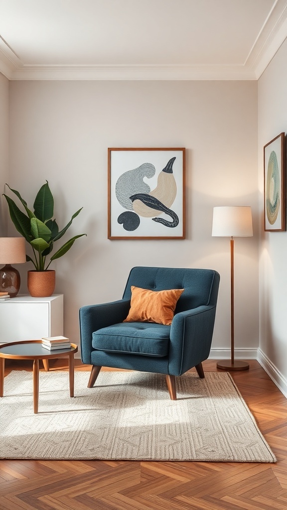A stylish tiny living room featuring a blue statement chair, a small wooden side table, a floor lamp, and decorative wall art.