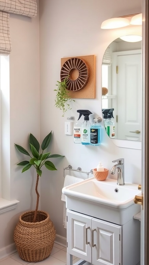 A neatly organized bathroom featuring a tension rod for hanging storage.