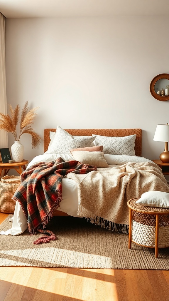 Cozy bedroom with layered textiles including blankets, pillows, and a rug.