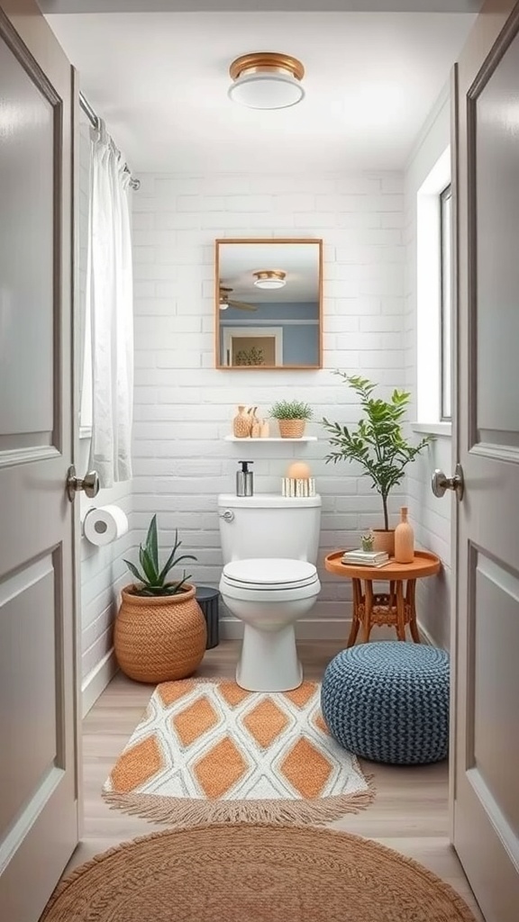 A cozy tiny toilet room decorated with textiles, featuring colorful rugs, plants, and a warm ambiance.